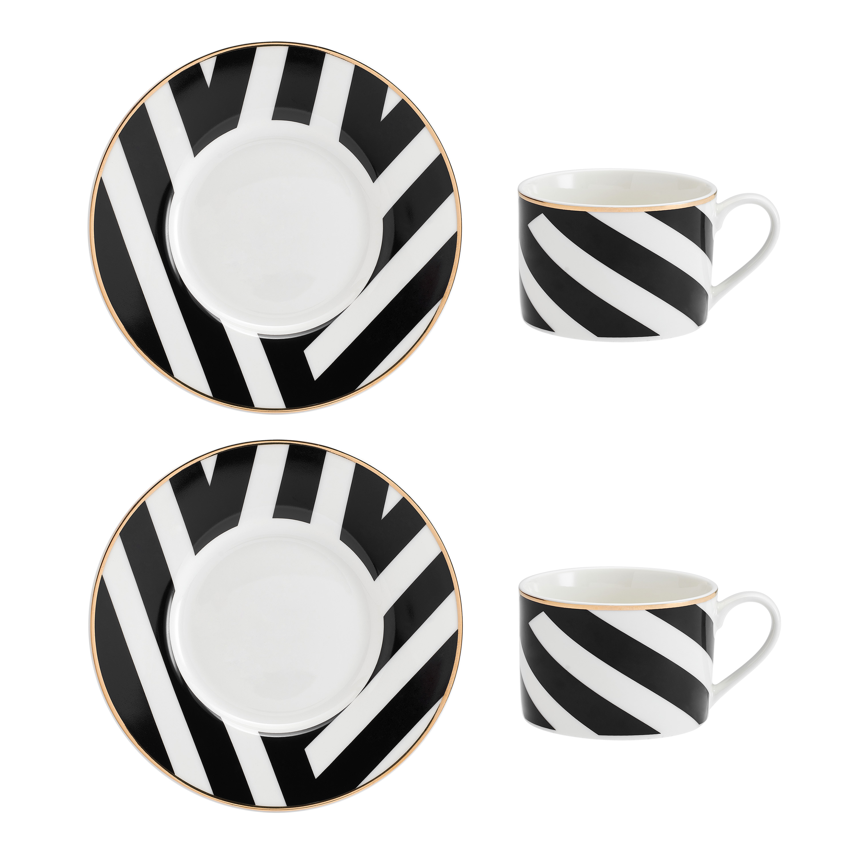 Mikasa 2 x Luxe Deco Fine China Tea Cup & Saucer Sets - Geometric Stripe